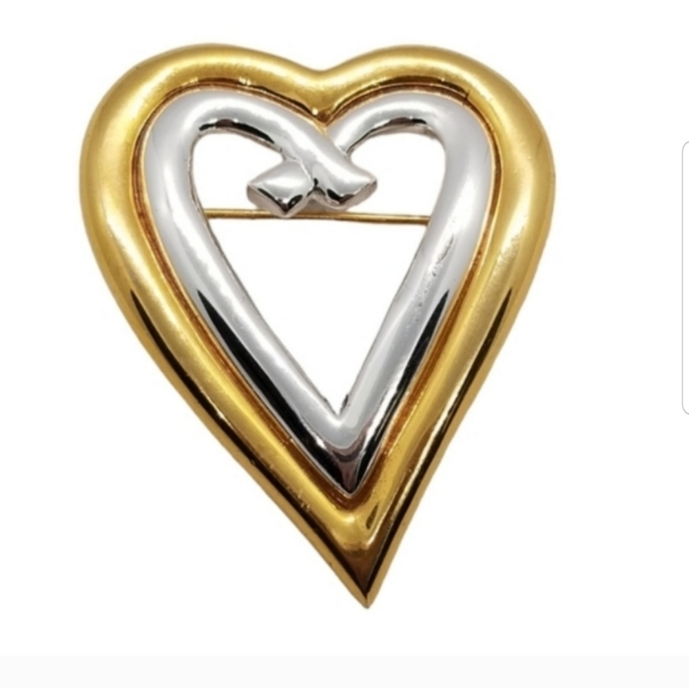 MI AMORE VINTAGE TWO TONE SILVER & GOLDTONE HEART BROOCH